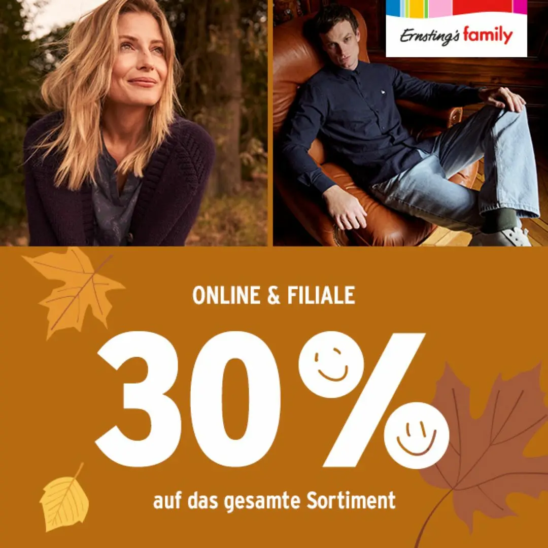 Bei Ernsting’s family gibt es vom 23. bis 25. Oktober 30 % auf das gesamte Sortiment.